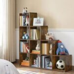 VASAGLE 10 Cube Wooden Storage Unit with Staircase Design - Freestanding Bookcase, Display Shelf, and Organizer for Living Room, Bedroom, or Study - Dark Hunton Oak