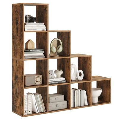 VASAGLE 10 Cube Wooden Storage Unit with Staircase Design - Freestanding Bookcase, Display Shelf, and Organizer for Living Room, Bedroom, or Study - Dark Hunton Oak - Image 5