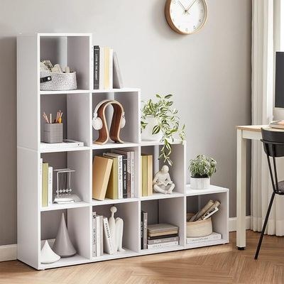 VASAGLE 10 Cube Wooden Storage Unit with Staircase Design - Freestanding Bookcase, Display Shelf, and Organizer for Living Room, Bedroom, or Study - White - Image 2
