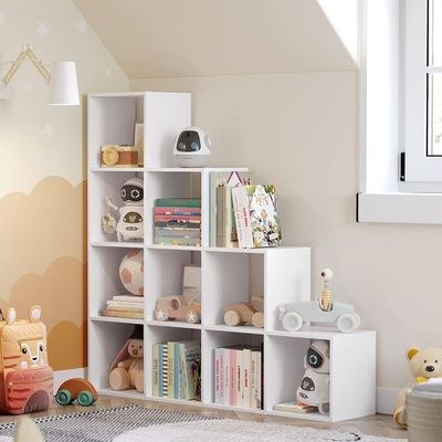 VASAGLE 10 Cube Wooden Storage Unit with Staircase Design - Freestanding Bookcase, Display Shelf, and Organizer for Living Room, Bedroom, or Study - White - Image 3