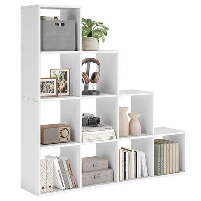 VASAGLE 10 Cube Wooden Storage Unit with Staircase Design - Freestanding Bookcase, Display Shelf, and Organizer for Living Room, Bedroom, or Study - White - Image 5