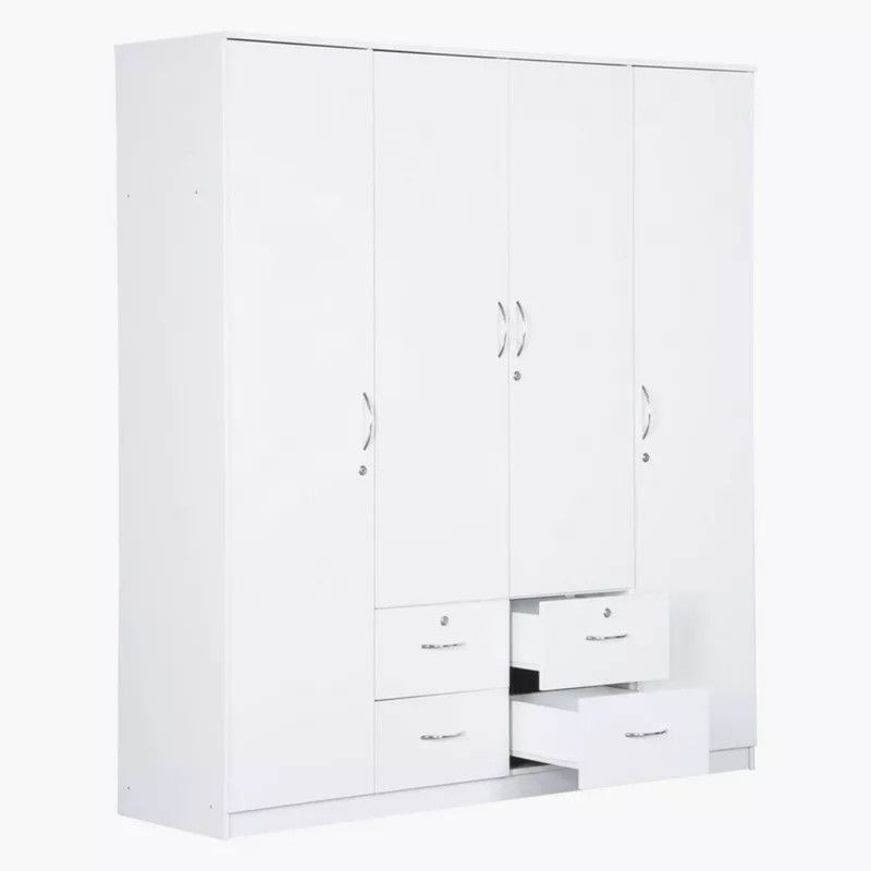 Riley 4 Door wardrobe for Bedroom with 4 Drawers and 7 Shelves | Cupboard for Home | Bedroom Wardrobes | Wooden Cupboard White - Image 4