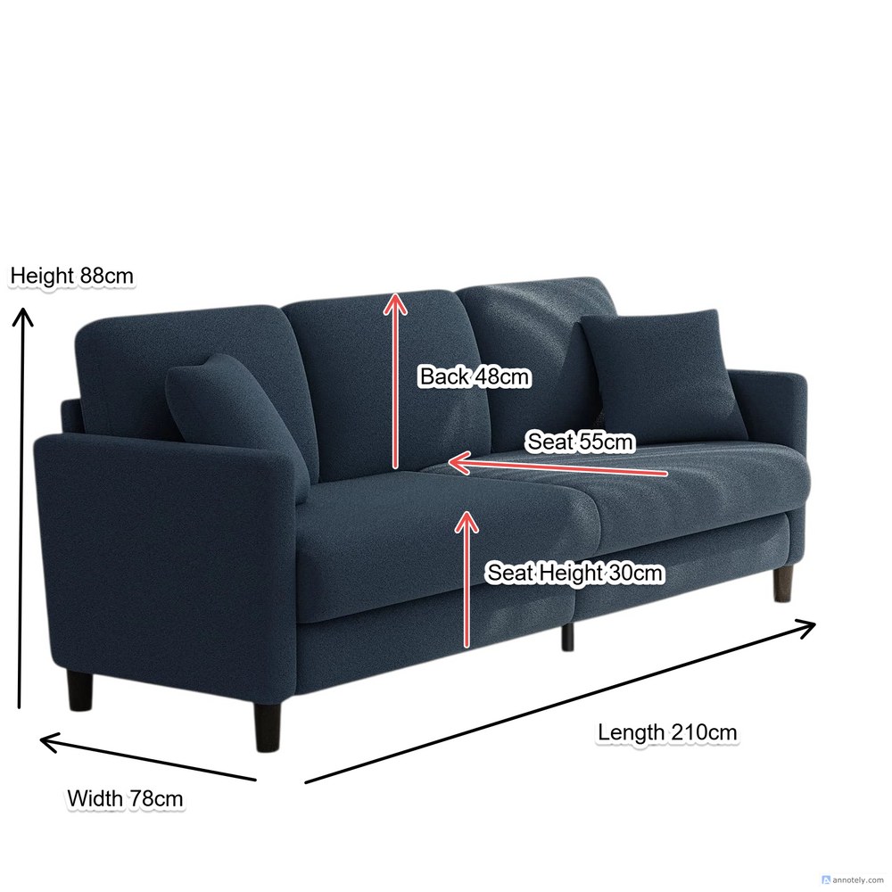 Nexo Sofa Couch for Living Room, Comfy Love Seat with 2 Pillows Length 210cm x Width 78cm x Height 88cm - Navy Blue - Image 4