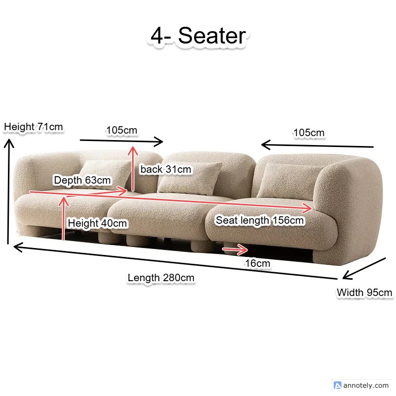 Teddy Living Room Sofa Minimalist Sectional Italian Modular Couch Length 280cm x Width 95cm x Height 71cm / 4- Seater - Off-white - Image 2