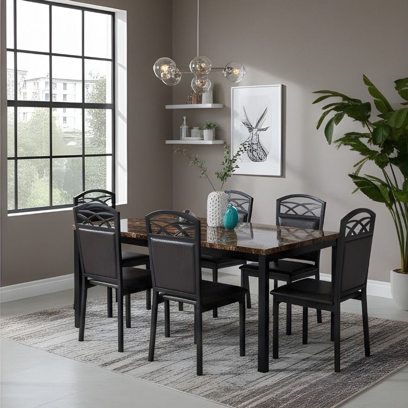 Davos Dining Table 6 seater Rectangular Dining Set | Sturdy Kitchen Marbel Top Table with Pu Leather Chairs | Dining set 1+6 Seater for Home, Dining Room GREY - Image 3