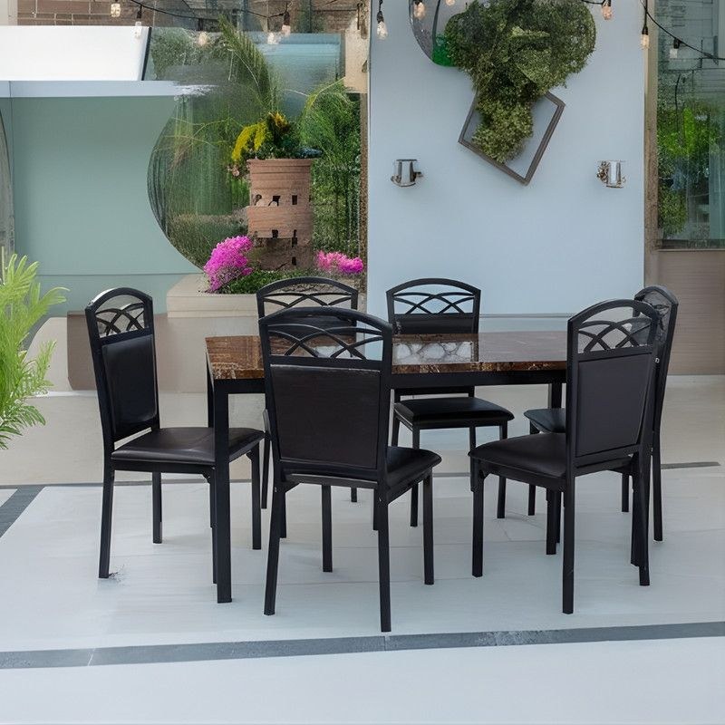 Davos Dining Table 6 seater Rectangular Dining Set | Sturdy Kitchen Marbel Top Table with Pu Leather Chairs | Dining set 1+6 Seater for Home, Dining Room GREY - Image 4