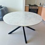 Wooden Twist Luxury Round White Marble Dining Table with White Metal X-Base Modern 4 Seater Premium Dining Table for Contemporary Homes 130CM