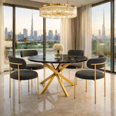 Wooden Twist Luxury Round Black Marble Dining Table Set with Gold Metal X-Base Modern 4 Seater Premium Dining Table for Contemporary Homes