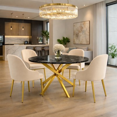 Wooden Twist Luxury Round Black Marble Dining Table Set with Chairs Modern 4 Seater Premium Dining Table for Contemporary Homes