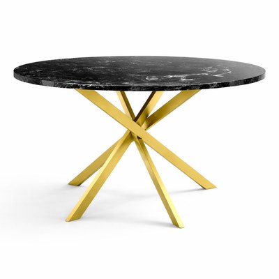 Wooden Twist Luxury Round Black Marble Dining Table with Gold Metal X-Base Modern 4 Seater Premium Dining Table for Contemporary Homes 140CM - Image 5