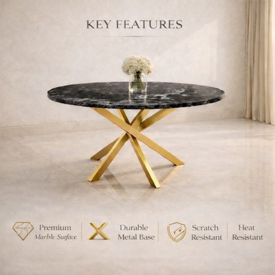 Wooden Twist Luxury Round Black Marble Dining Table with Gold Metal X-Base Modern 4 Seater Premium Dining Table for Contemporary Homes 140CM - Image 3