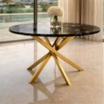 Wooden Twist Luxury Round Black Marble Dining Table Set with Chairs Modern 4 Seater Premium Dining Table for Contemporary Homes