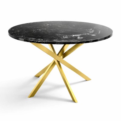 Wooden Twist Luxury Round Black Marble Dining Table with Gold Metal X-Base Modern 4 Seater Premium Dining Table for Contemporary Homes 140CM - Image 4
