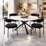 Wooden Twist Luxury Round White Marble Dining Table with Black Metal X-Base Modern Premium Dining Table for Contemporary Homes