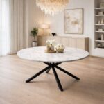 Wooden Twist Luxury Round White Marble Dining Table with Black Metal X-Base Modern Premium Dining Table for Contemporary Homes