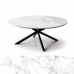 Wooden Twist Luxury Round White Marble Dining Table with Black Metal X-Base Modern Premium Dining Table for Contemporary Homes