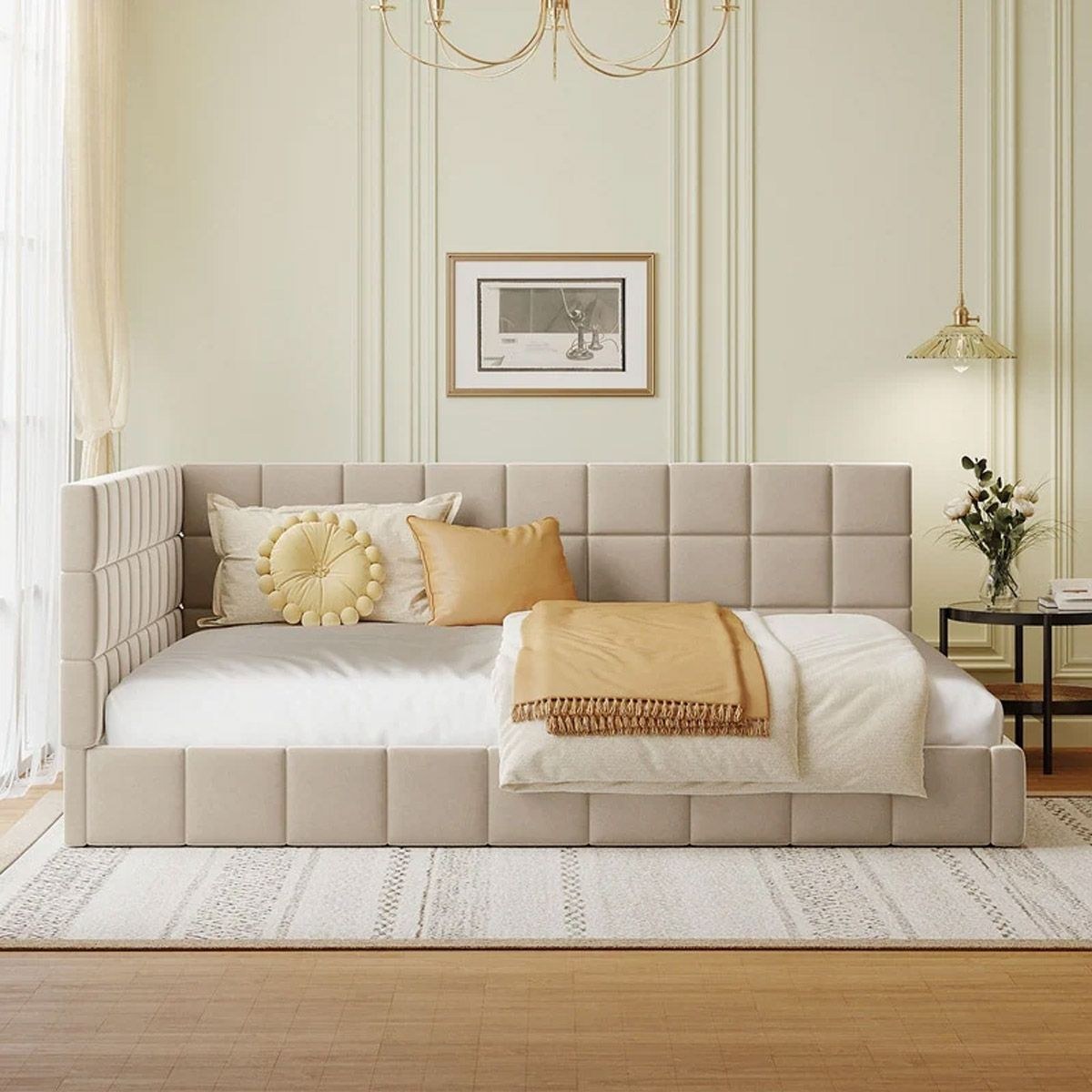Square Upholstered Daybed with L-shaped Headboard in L200xW120xH78 - Beige