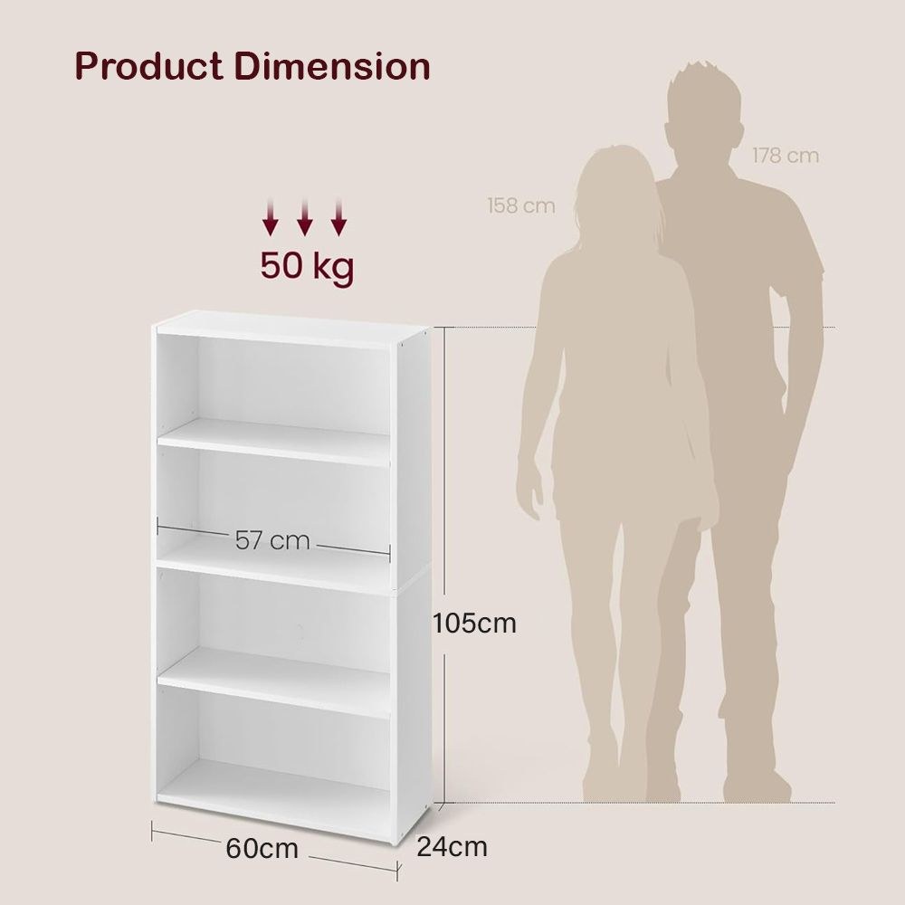 VASAGLE 4 Tier Wooden Bookcase with Adjustable Shelves, Compact Kids Bookshelf and Storage Organizer for Study Room, Home Office and Bedroom - White - Image 3