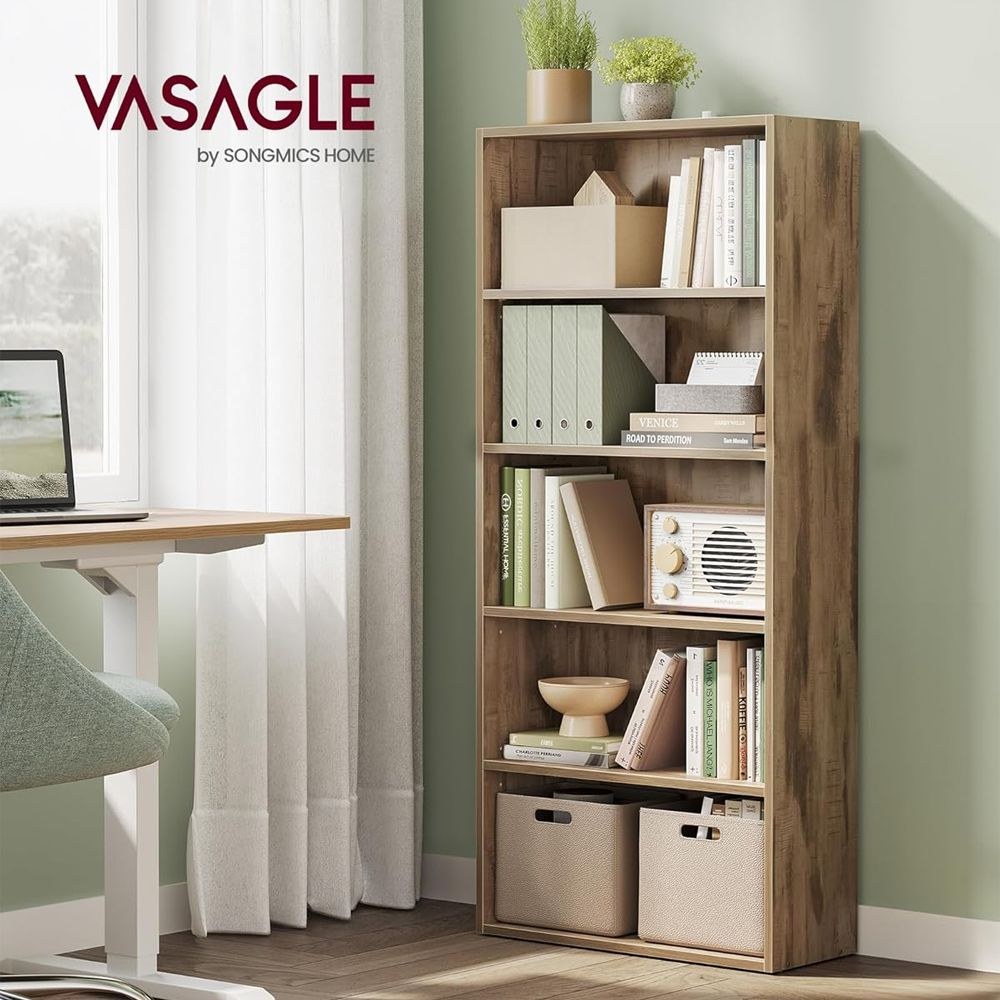 VASAGLE 5 Tier Wooden Bookcase with Adjustable Shelves, Compact Kids Bookshelf and Storage Organizer for Study Room, Home Office and Bedroom - Natural Davos Oak - Image 2