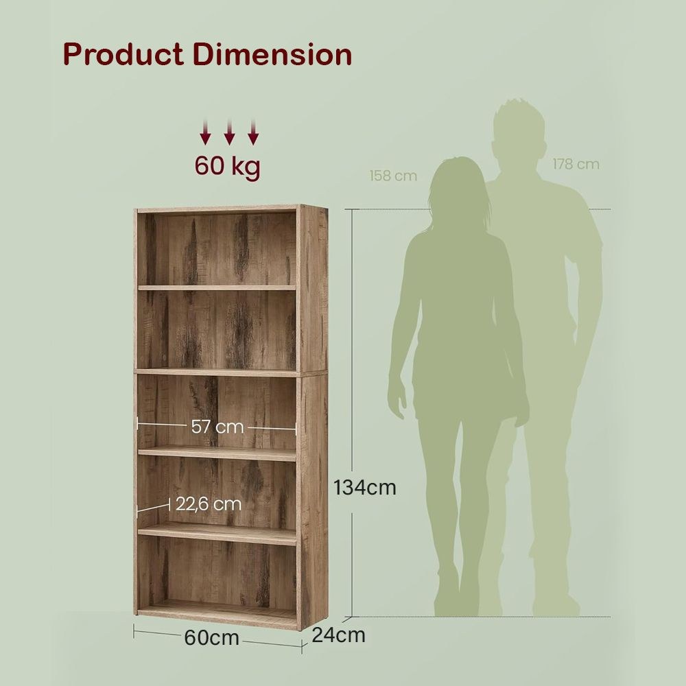VASAGLE 5 Tier Wooden Bookcase with Adjustable Shelves, Compact Kids Bookshelf and Storage Organizer for Study Room, Home Office and Bedroom - Natural Davos Oak - Image 3