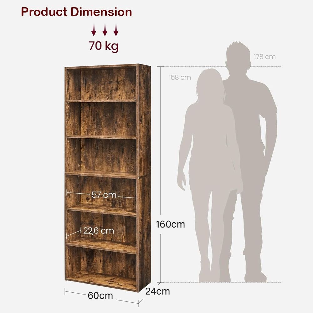 VASAGLE 6 Tier Wooden Bookcase with Adjustable Shelves, Compact Kids Bookshelf and Storage Organizer for Study Room, Home Office and Bedroom - Dark Hunton Oak - Image 3