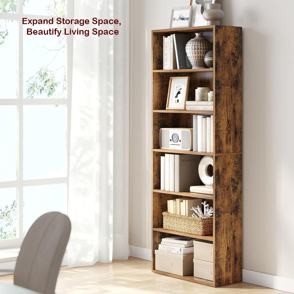 VASAGLE 6 Tier Wooden Bookcase with Adjustable Shelves, Compact Kids Bookshelf and Storage Organizer for Study Room, Home Office and Bedroom - Dark Hunton Oak - Image 4