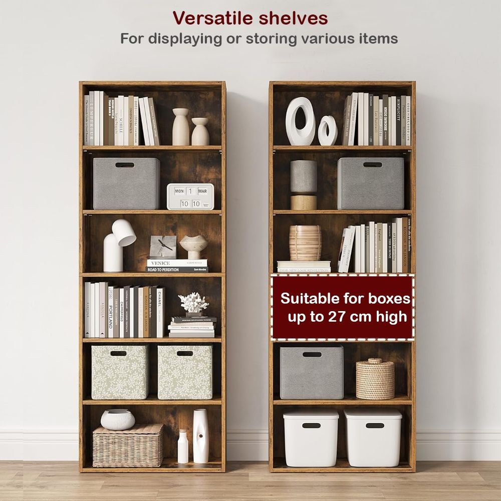 VASAGLE 6 Tier Wooden Bookcase with Adjustable Shelves, Compact Kids Bookshelf and Storage Organizer for Study Room, Home Office and Bedroom - Dark Hunton Oak - Image 5