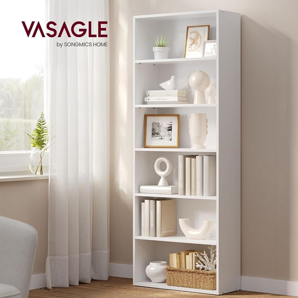 VASAGLE 6 Tier Wooden Bookcase with Adjustable Shelves, Compact Kids Bookshelf and Storage Organizer for Study Room, Home Office and Bedroom - White - Image 2