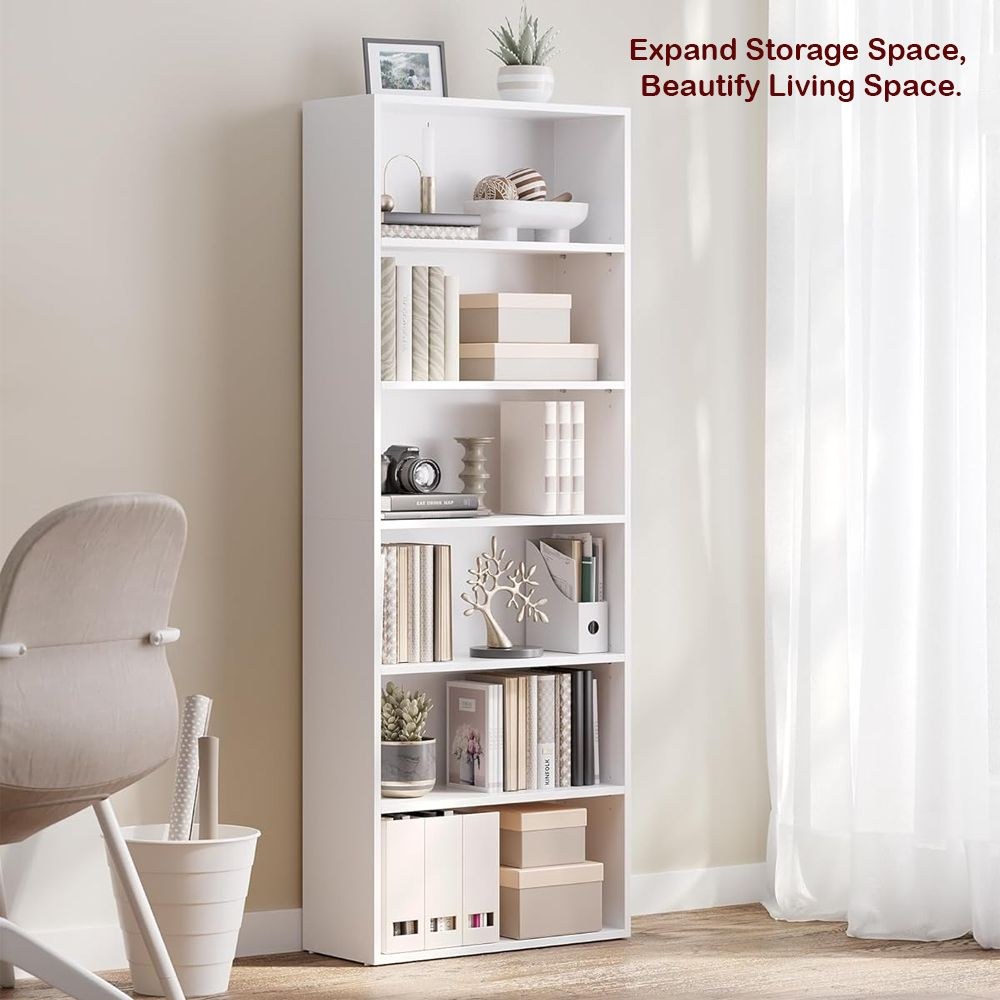 VASAGLE 6 Tier Wooden Bookcase with Adjustable Shelves, Compact Kids Bookshelf and Storage Organizer for Study Room, Home Office and Bedroom - White - Image 4
