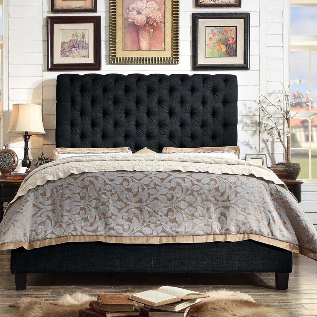 Lilyana Tufted Upholstered Low Profile Standard King Bed Frame 180x200cm -Charcol Elegant Upholstered Bed with Tufted Headbaord- Modern Design with Padded Headboard - Sturdy Base - Soft Fabric Finish - Ideal for Bedrooms & Villas