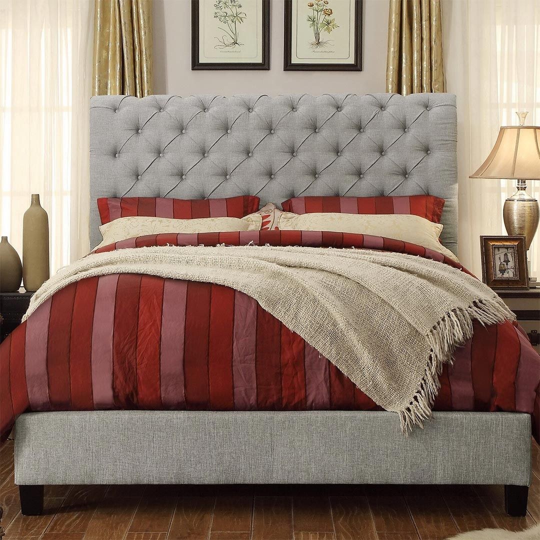 Lilyana Tufted Upholstered Low Profile Standard Queen Bed Frame 160x200cm -Grey Elegant Upholstered Bed with Tufted Headbaord- Modern Design with Padded Headboard - Sturdy Base - Soft Fabric Finish - Ideal for Bedrooms & Villas