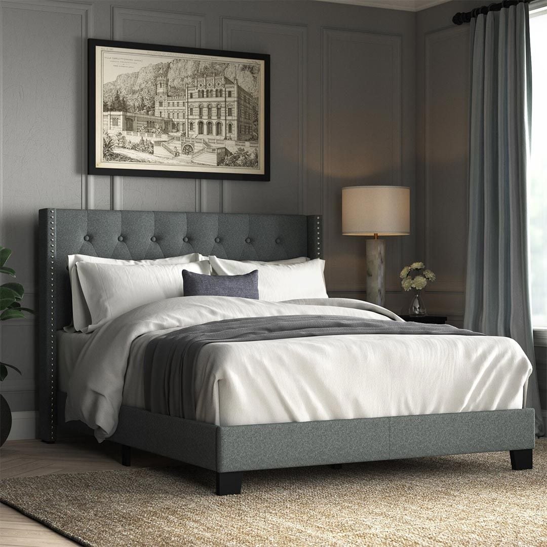 Dollar Tufted Upholstered Low Profile Nailhead Single Bed Bed Frame 100x200cm -Grey- Elegant Upholstered Bed with ButtonTufting - Modern Design with Padded Headboard - Sturdy Base - Soft Fabric Finish - Ideal for Bedrooms & Villas