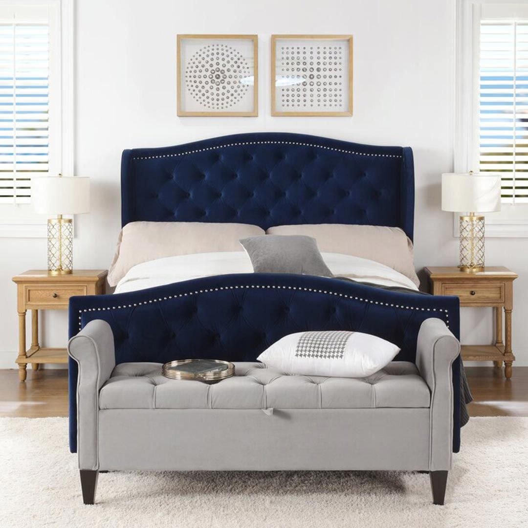 Marlon Tufted Upholstered contemporary Super King Bed Frame 200x200cm -Blue Elegant Upholstered Bed with Tufting - Modern Design with Padded Headboard - Sturdy Base - Soft Fabric Finish - Ideal for Bedrooms & Villas