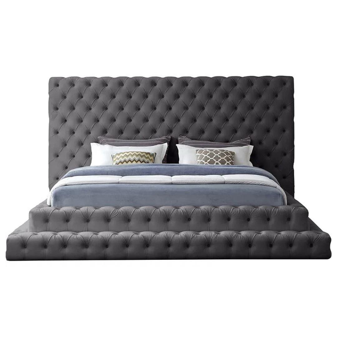 Meridian Hand Tufted Velvet 180x200cm King Bed -Grey - Elegant Upholstered Bed with Tufting - Modern Design with Padded Headboard - Sturdy Base - Soft Fabric Finish - Ideal for Bedrooms & Villas