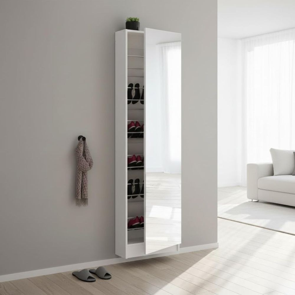 5-Shelf Shoe Storage Cabinet with Mirror – Modern Hallway & Bedroom Organizer | Space-Saving Shoe Rack -White