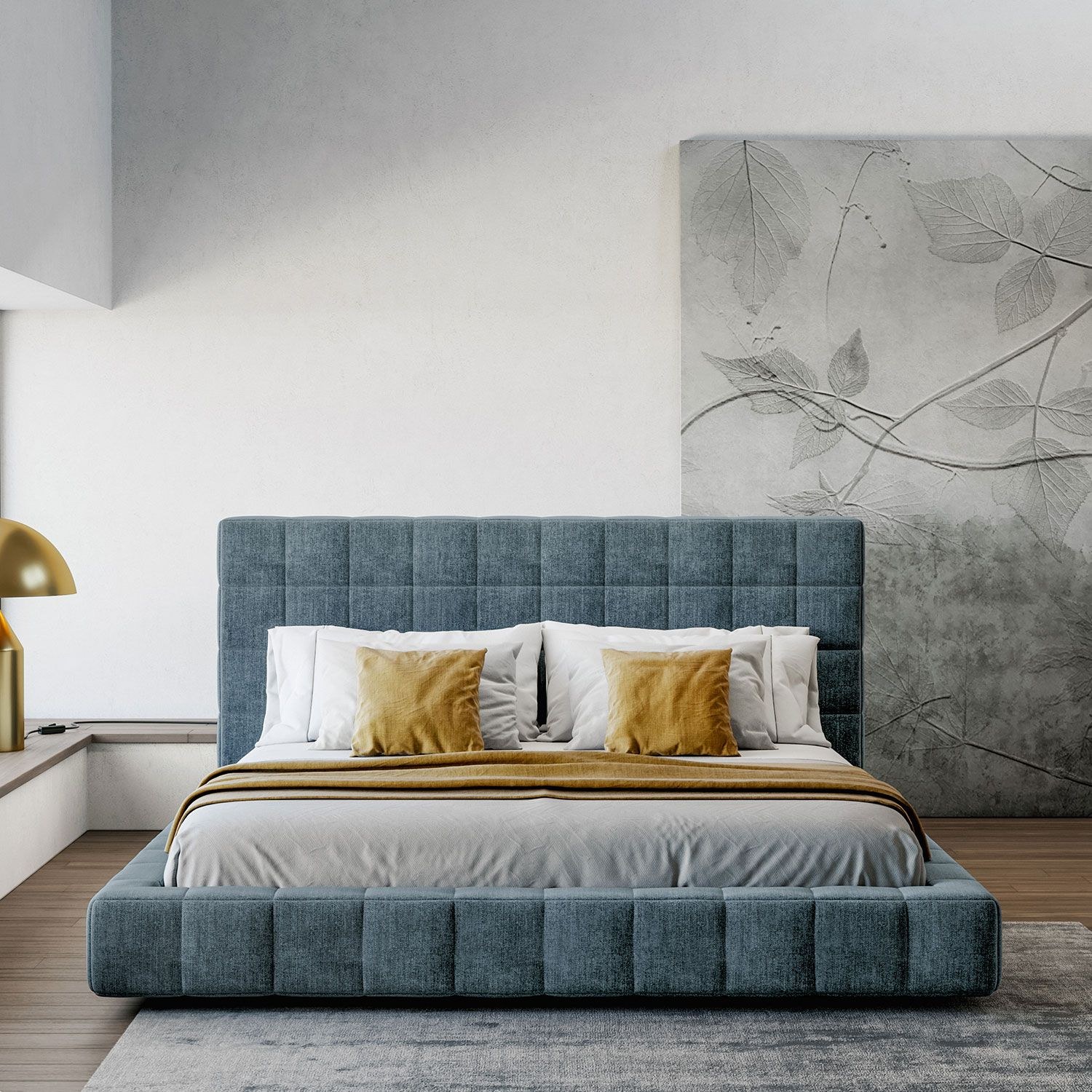 Square Patterned Bed with High Headboard- 180x200-Blue