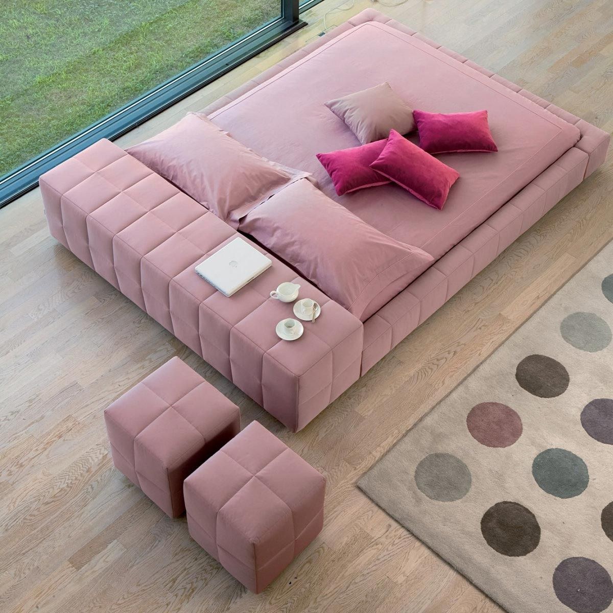 Square Patterned Bed with High Headboard- 160x200-Pink