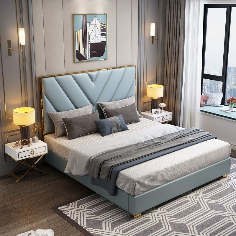 Leather Luxury Upholstered Bed Frame-180x200- Sky Blue