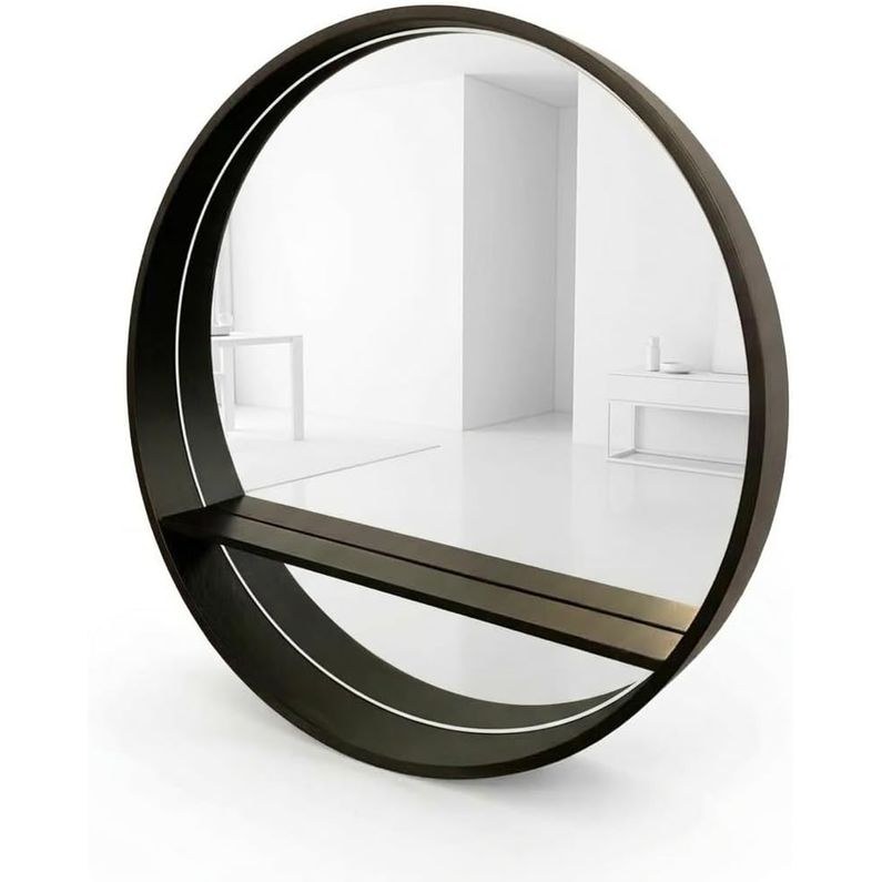 Round Wall Mirror with Shelf, Black Metal Frame, 60x60 cm, Modern Style, Bedroom and Bathroom Décor - Image 3