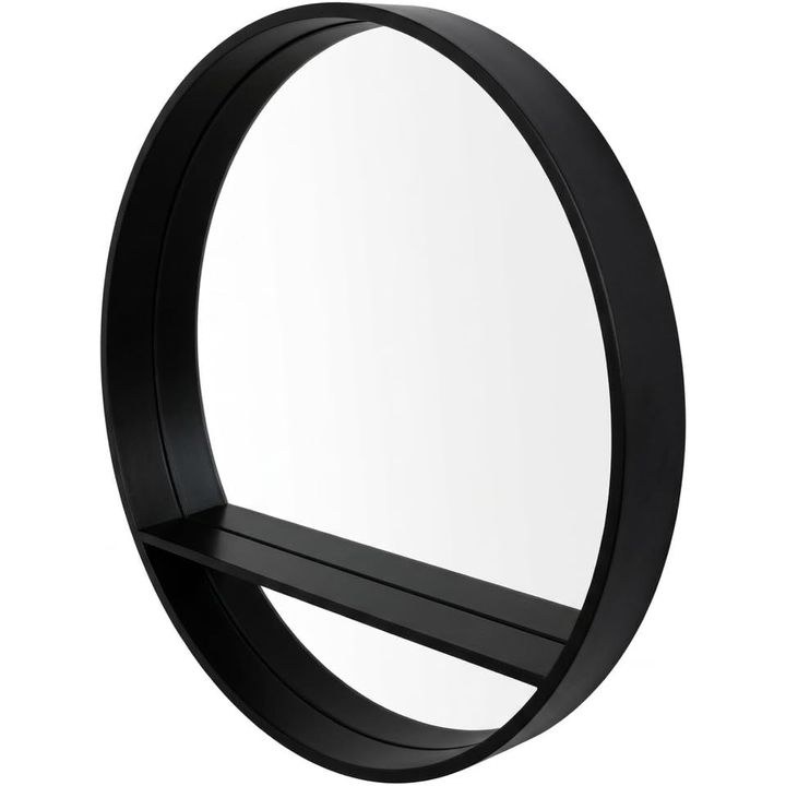 Round Wall Mirror with Shelf, Black Metal Frame, 60x60 cm, Modern Style, Bedroom and Bathroom Décor - Image 5