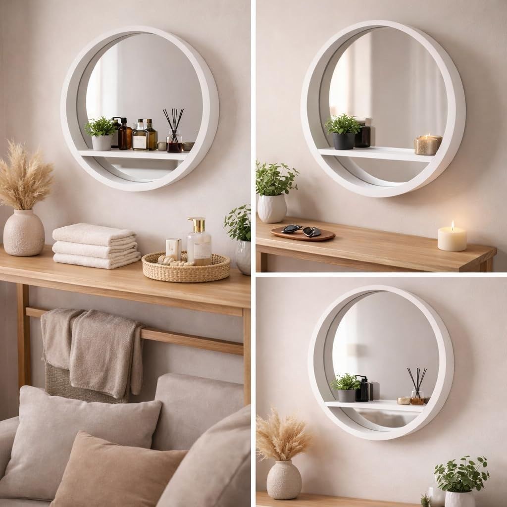 Round Wall Mirror with Shelf, White Metal Frame, 60x60 cm, Modern Style, Bedroom and Bathroom Décor - Image 3