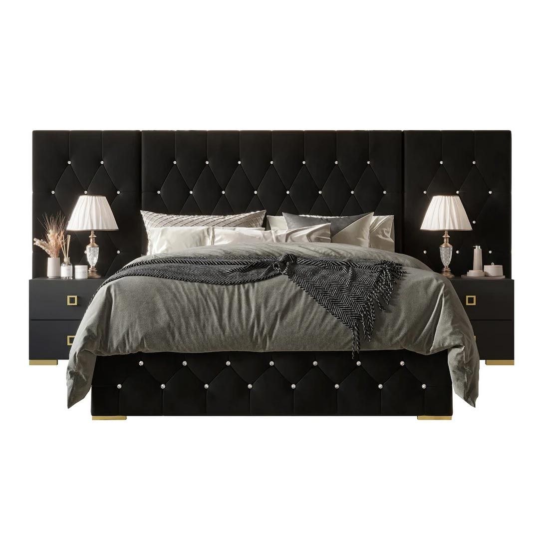 CraftPorch Luxurious Velvet Tufted Platform Bed with Wall Panels Black 160x200 Fabric Queen Bed
