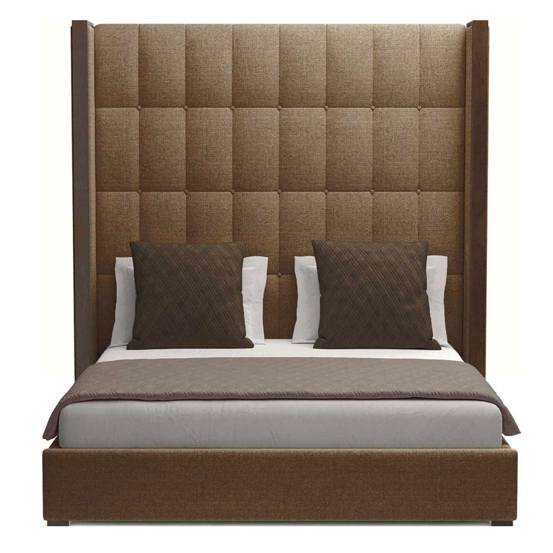 Brick Buttoned Tufted High Panel Bed in Brown 160x200 Fabric Queen Bed