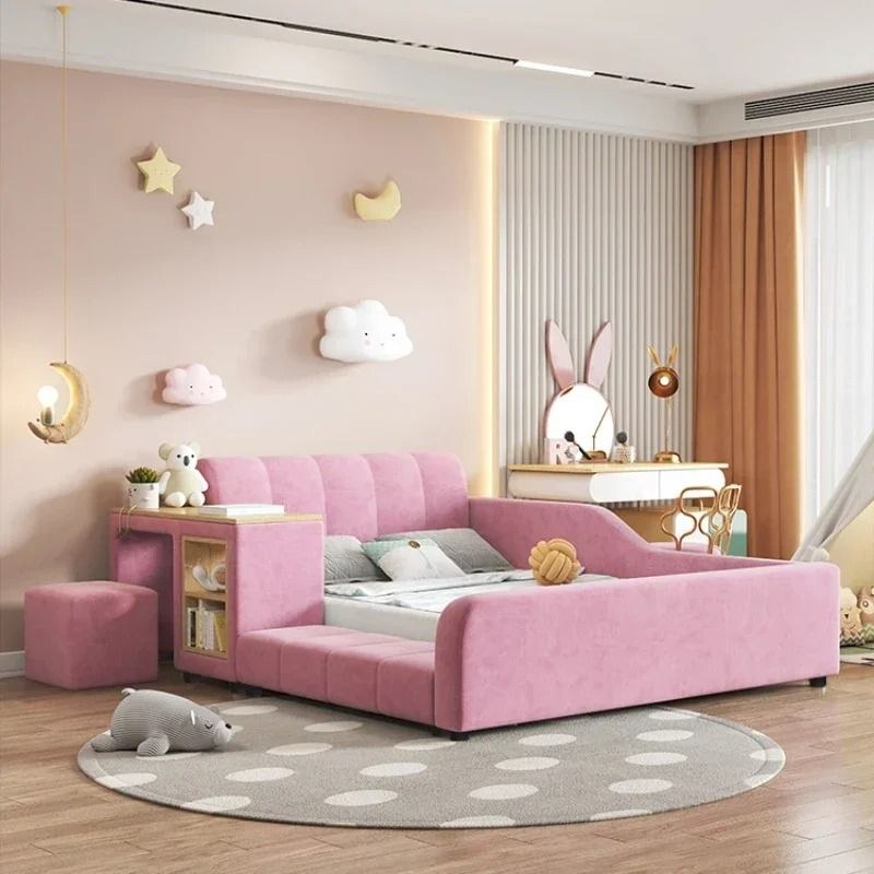 Modern Upholstered Kids Bed with Storage - Children Bed Frame with Side Shelf and Soft Padded Headboard - Single Size 120*200 - Pink