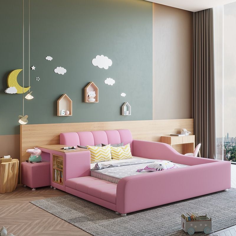 Modern Upholstered Kids Bed with Storage - Children Bed Frame with Side Shelf and Soft Padded Headboard - King Size 180*200 - Pink