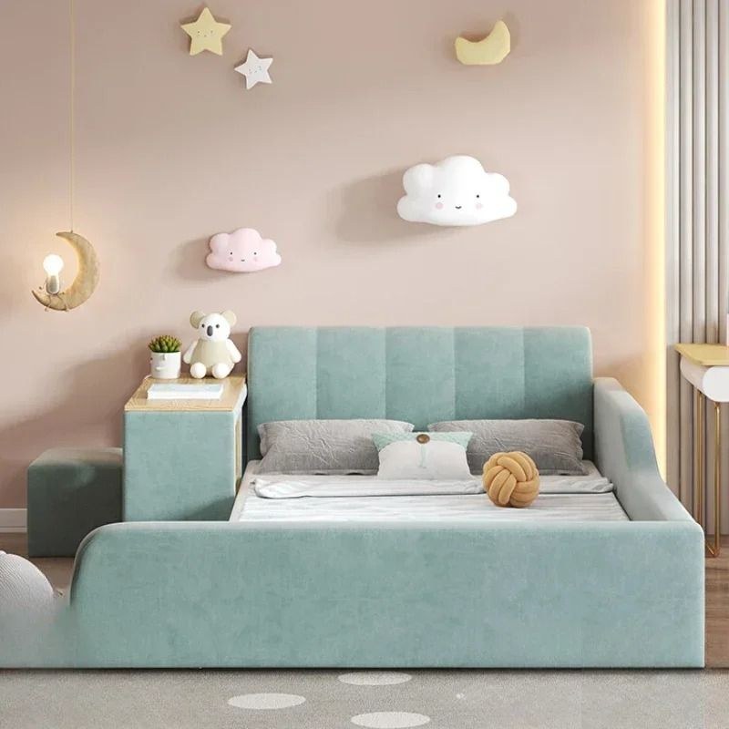 Modern Upholstered Kids Bed with Storage - Children Bed Frame with Side Shelf and Soft Padded Headboard - Single Size 120*200 - Blue