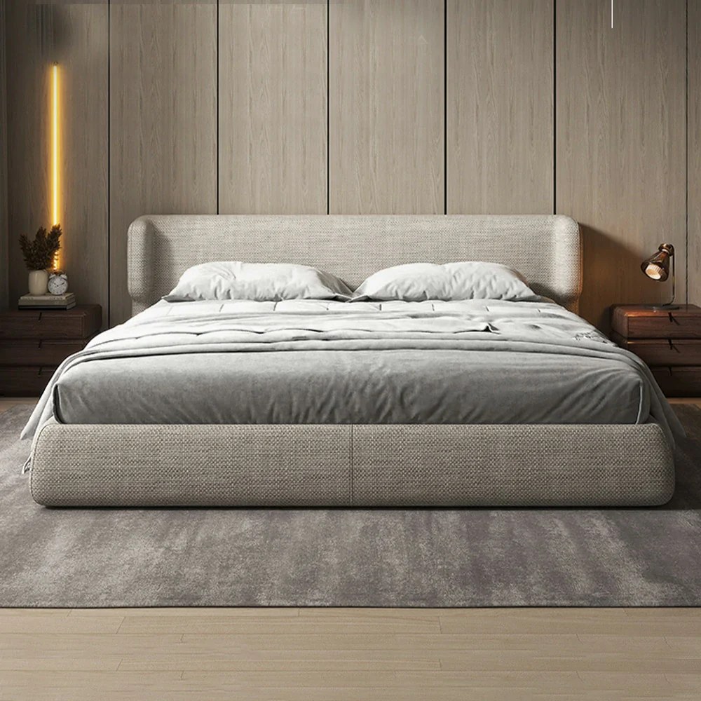 Luxora Upholstered Bed Frame, Italian Design, Low-Profile Platform Bed with Headboard, Solid Wood, Upholstered in Linen. Beige - Queen Size 160x200 - Image 3