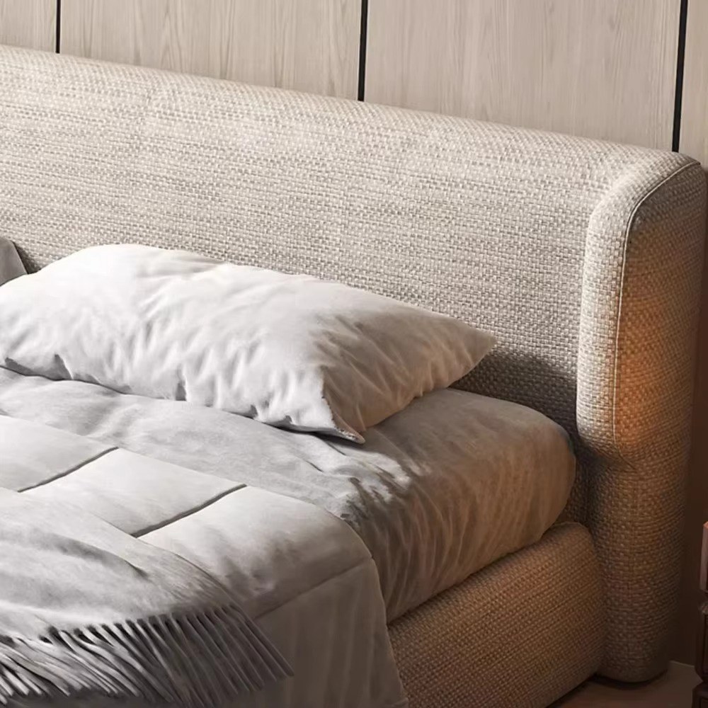 Luxora Upholstered Bed Frame, Italian Design, Low-Profile Platform Bed with Headboard, Solid Wood, Upholstered in Linen. Beige - Queen Size 160x200 - Image 4