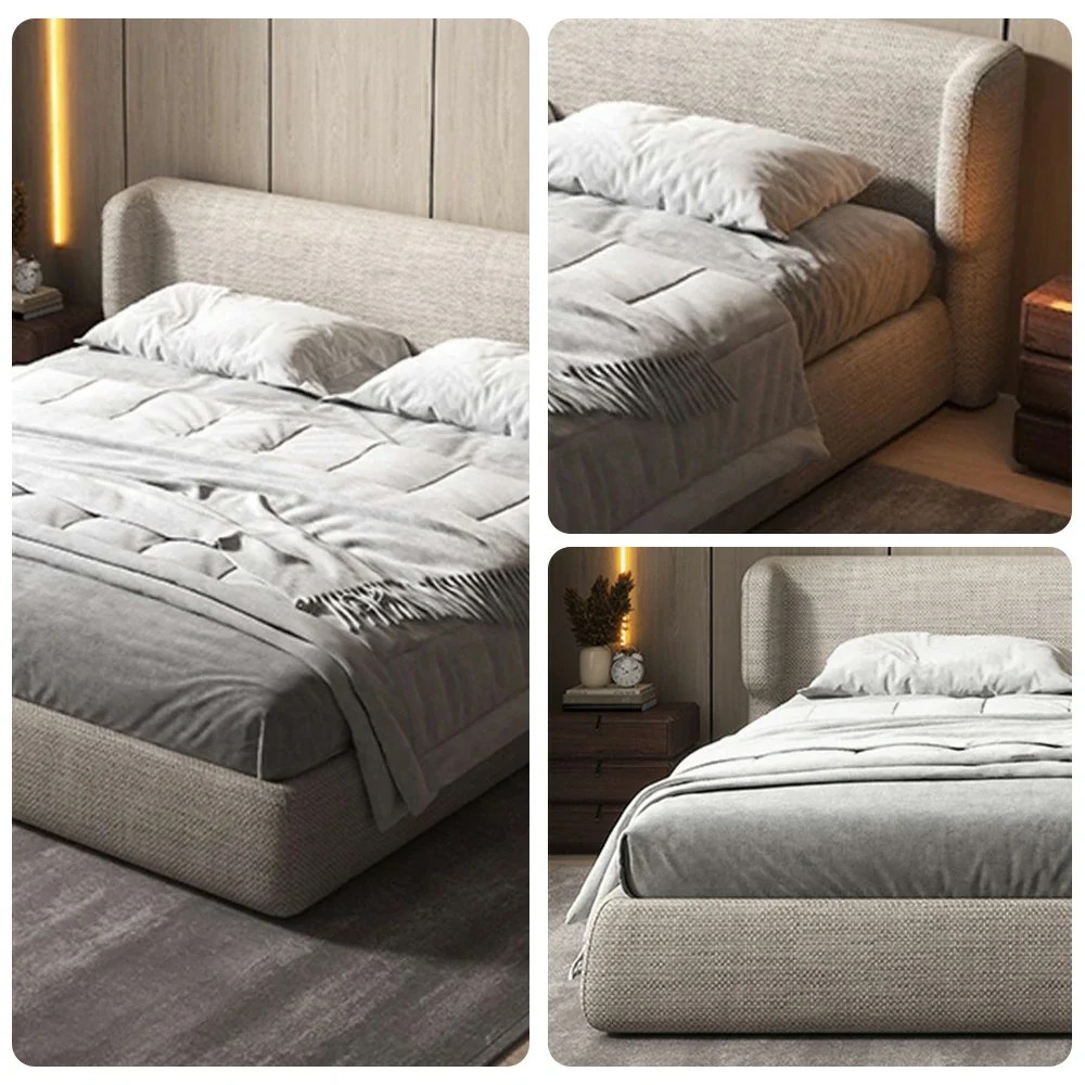 Luxora Upholstered Bed Frame, Italian Design, Low-Profile Platform Bed with Headboard, Solid Wood, Upholstered in Linen. Beige - Queen Size 160x200 - Image 5