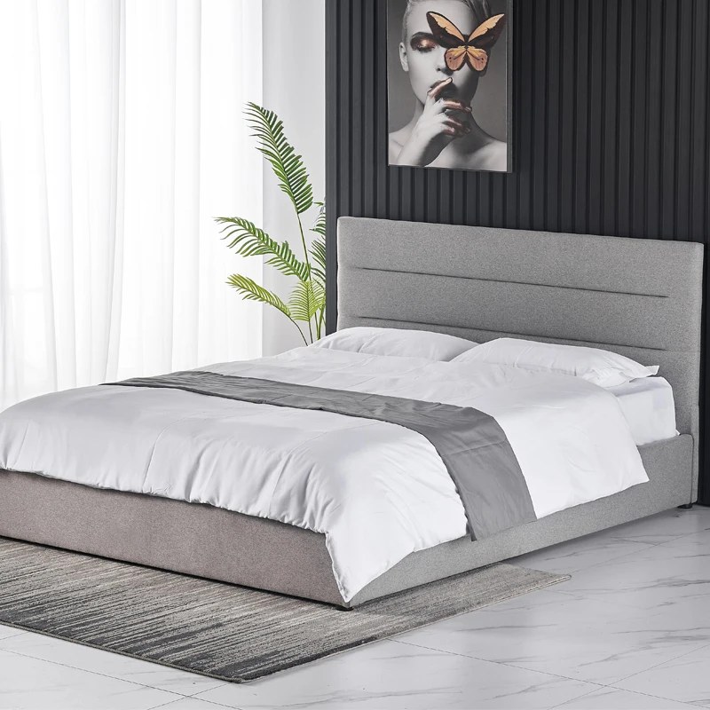 Modern Gray Upholstered Platform Bed, Linen Sturdy Solid Wood Bed with Headboard. Super King Size 200x200